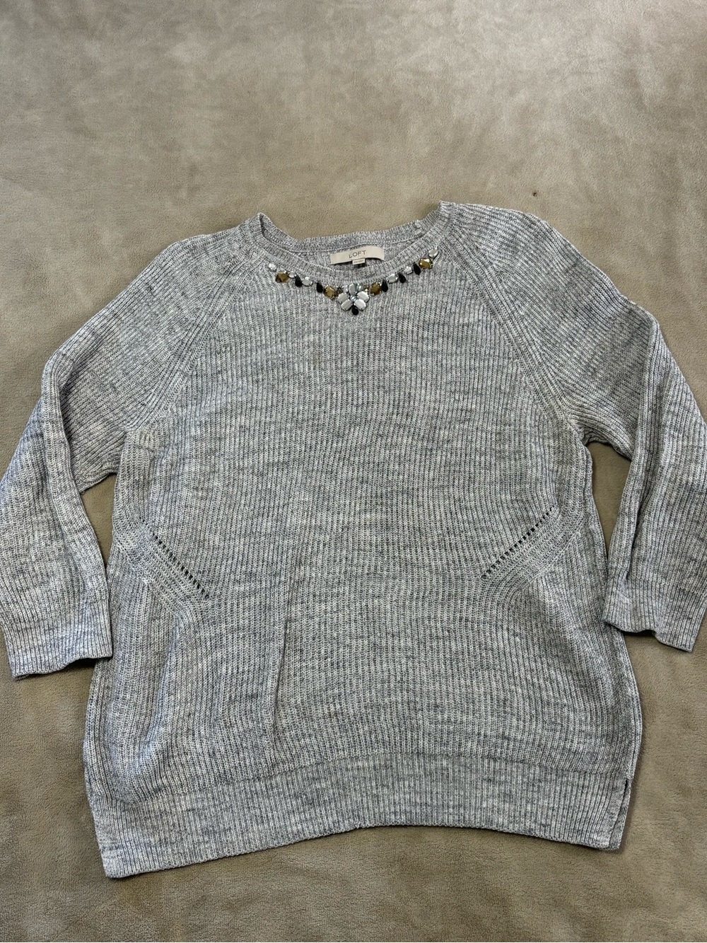 LOFT Light Gray Ribbed Crewneck Sweater with Jewel Trim